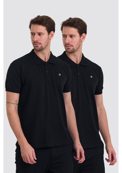 Erkek Pamuklu Kumaş Slim Fit Kesim 2-Li Polo Yaka T-Shirt - Siyah Siyah