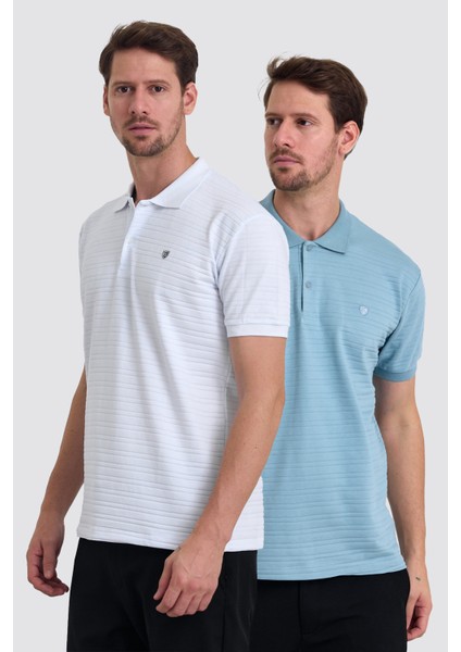 Erkek Pamuklu Kumaş Slim Fit Kesim 2-Li Polo Yaka T-Shirt - Beyaz Mavi