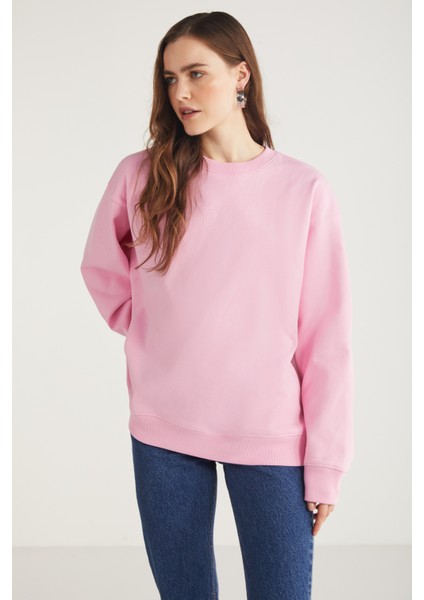 Karius Kadın Pamuk İçi Polarsız Yuvarlak Yaka Regular Fit Pembe Sweatshirt