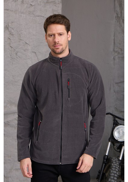 Erkek Kışlık Kalın Tam Fermuar Pamuklu Kumaş Polar Ceket Füme