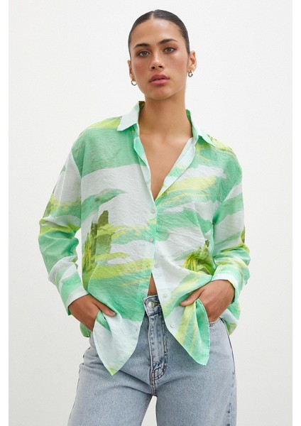 Hawaii Desen Modal Gömlek Yeşil