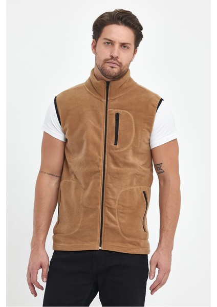 Kahverengi Tam Fermuarlı 3 Cepli Erkek Polar - Karamel