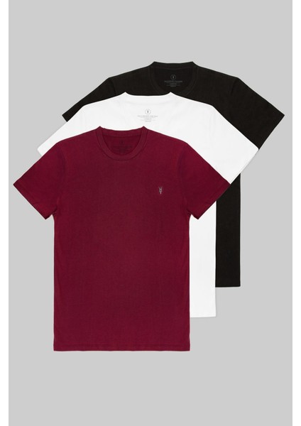 Erkek Siyah Beyaz Bordo %100 Pamuk 3 Lü T-Shirt Paketi