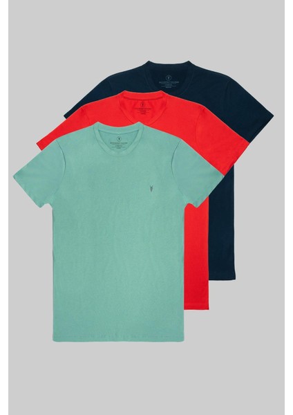 Erkek Çağla Kırmızı Lacivert %100 Pamuk 3 Lü T-Shirt Paketi