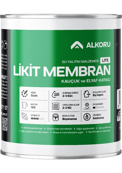 1 kg Lite Likit Membran Kauçuk ve Elyaf Katkılı Sıvı Su Yalıtım Malzemesi