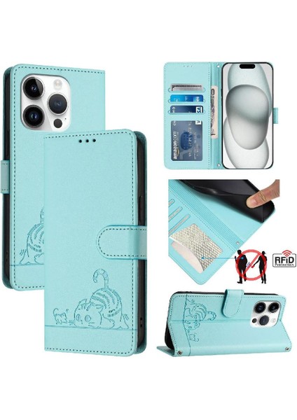 IPhone 14 Için Kılıf Pro Kedi Rfıd Cüzdan Kapak Çevirin Kart Yuvası Tutucu (Yurt Dışından)