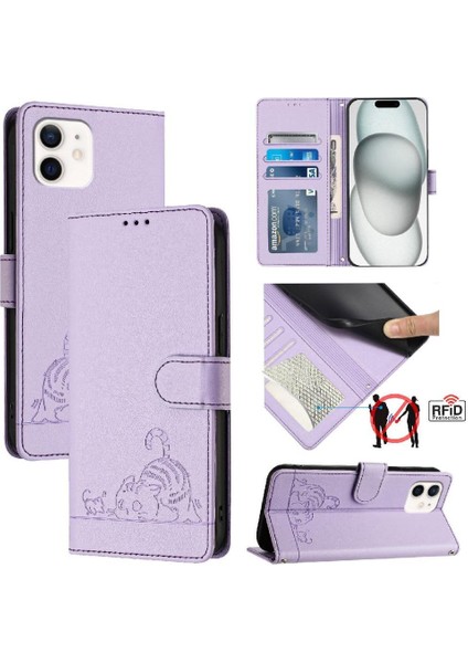 IPhone 12 Mini Kedi Rfıd Cüzdan Kapak Çevirin Kart Yuvası Tutucu (Yurt Dışından)