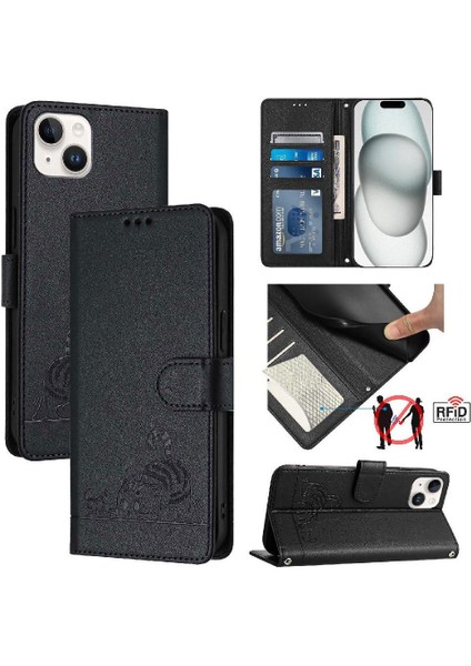 IPhone 15 Için Kılıf Kart Yuvası Tutucu Kickstand Kedi Rfıd Cüzdan Kapak Çevirin (Yurt Dışından)