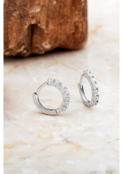 13 mm Mini Taşlı Rodyumlu Gümüş Halka Küpe 6978