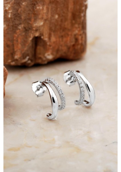 Minimal Rodyumlu Gümüş Çift Halka Küpe 6979