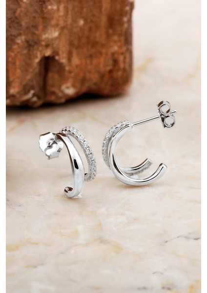 Minimal Rodyumlu Gümüş Çift Halka Küpe 6979 fiyatları