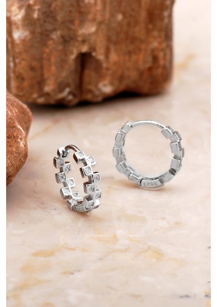 16 mm Tasarım Rodyumlu Basamak Gümüş Halka Küpe 6981