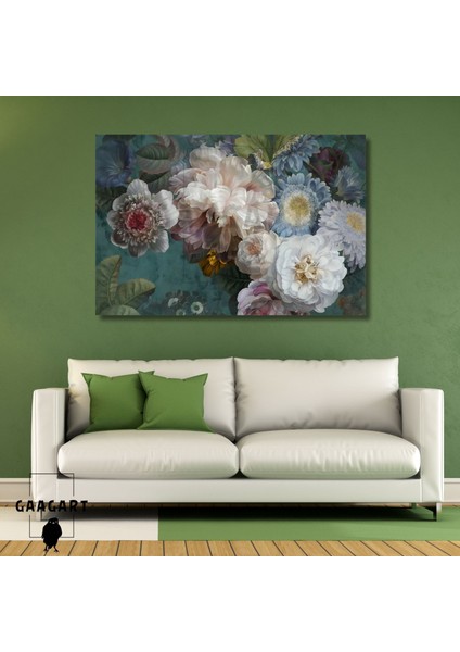 Tekli Yatay Kanvas Duvar Tablosu Çiçek ve Sarı Yeşil Kelebek