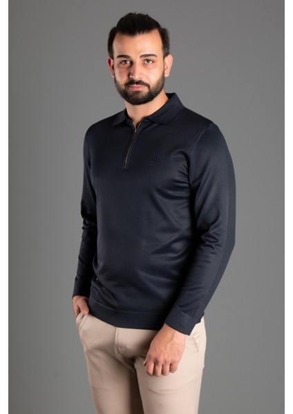 Erkek Lacivert Polo Yaka Fermuarlı Triko Kazak