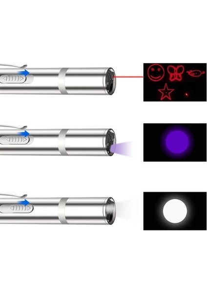 USB Ile Şarj Edilebilen 3ın 1 Kırmızı Işık +Beyaz LED Meşale Işık + Uv El Feneri Kedi Lazeri (4533)