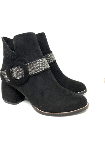 Kadın Siyah Süet Taşlı Topuklu Kısa Bot modelleri