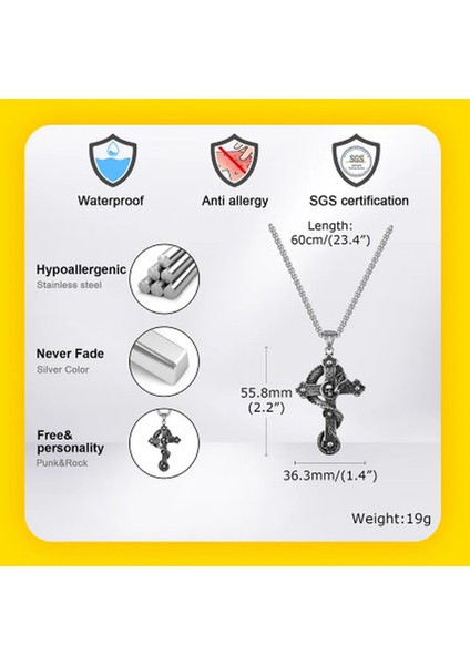 Paslanmaz Çelik Gotik Tarz Ejderha Detaylı Kurukafa Haç Kolye