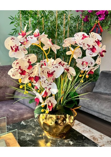Yapay Çiçek 4lü Bordo Çilli Beyaz Islak Orkide Metal Yuvarlak Gold Vazoda Orkide 50cm