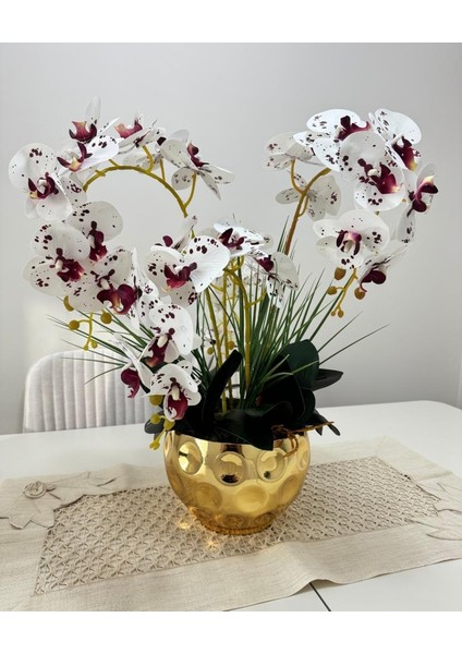 Yapay Çiçek 4lü Bordo Çilli Beyaz Islak Orkide Metal Yuvarlak Gold Vazoda Orkide 50cm fiyatları