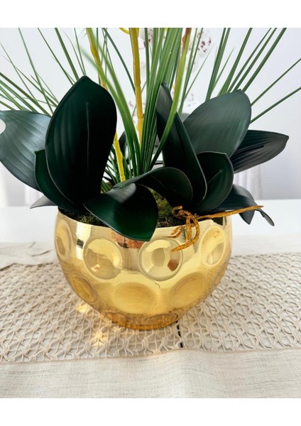 Yapay Çiçek 4lü Bordo Çilli Beyaz Islak Orkide Metal Yuvarlak Gold Vazoda Orkide 50cm fırsatları