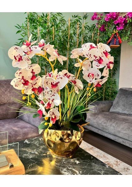 Yapay Çiçek 4lü Bordo Çilli Beyaz Islak Orkide Metal Yuvarlak Gold Vazoda Orkide 50cm indirimleri