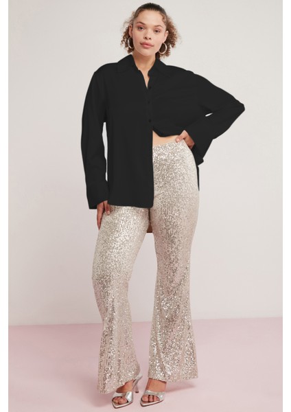 Uliana Kadın Likralı Saten Kumaşlı Kol Manşetli Siyah Büyük Beden Gömlek fiyatları