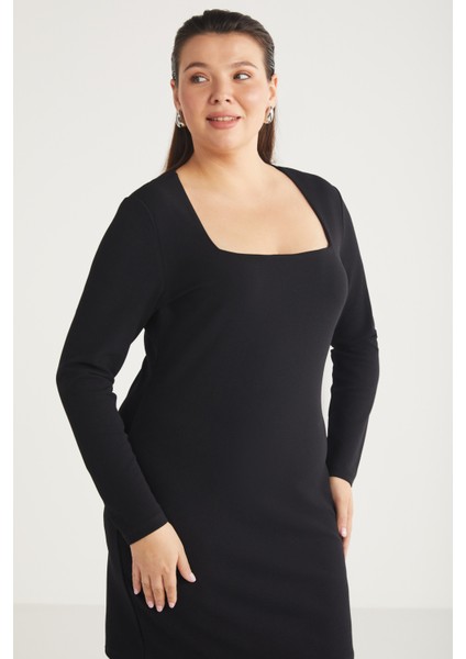 Bessiebb Kadın Kare Yaka Vücudu Tamamen Saran Mini Siyah Büyük Beden Elbise fiyatları