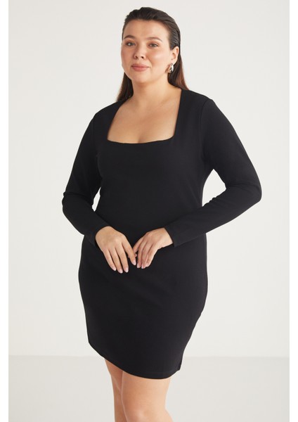 Bessiebb Kadın Kare Yaka Vücudu Tamamen Saran Mini Siyah Büyük Beden Elbise fırsatları