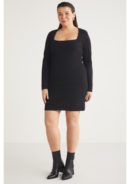 Bessiebb Kadın Kare Yaka Vücudu Tamamen Saran Mini Siyah Büyük Beden Elbise indirimleri