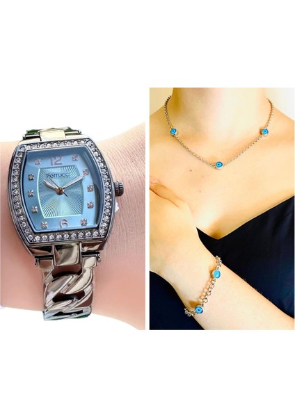 Çelik Dikdörtgen Taşlı Şık Kasa Kadın Kol Saati+Nazarlıklı Set