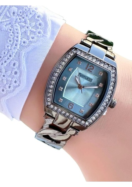 Çelik Dikdörtgen Taşlı Şık Kasa Kadın Kol Saati+Nazarlıklı Set modelleri