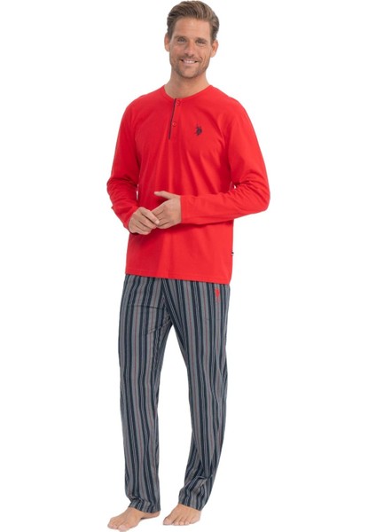 18843 Erkek Kırmızı Uzun Kollu Patlı Penye Süprem Pijama Takım