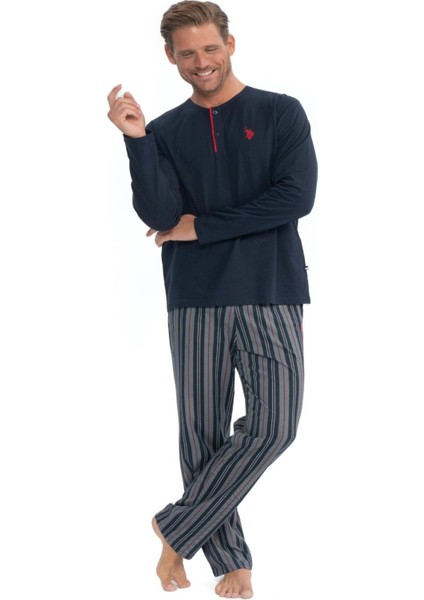 18843 Erkek Lacivert Uzun Kollu Patlı Penye Süprem Pijama Takım