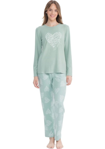 17108 Kadın Mint Uzun Kollu Yuvarlak Yaka Pijama Takım