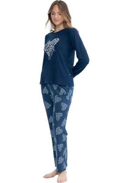 17108 Kadın Lacivert Uzun Kollu Yuvarlak Yaka Pijama Takım fiyatları