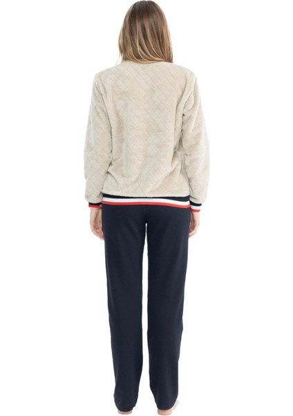 17079 Kadın Bej Uzun Kollu Yuvarlak Yaka Pijama Takım modelleri