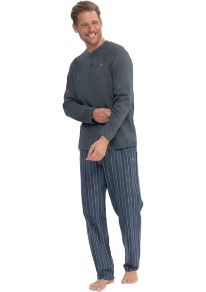 18849 Erkek Antrasit Melanj Uzun Kollu Patlı Penye Süprem Dokuma Pijama Takım