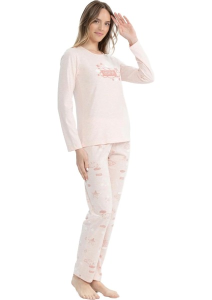 17122 Kadın Pembe Melanj Uzun Kollu Yuvarlak Yaka Pijama Takım fiyatları