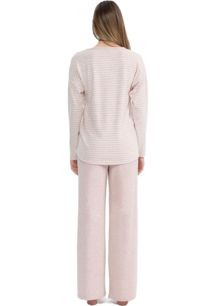 17083 Kadın Pembe Melanj Uzun Kollu Yuvarlak Yaka Pijama Takım modelleri