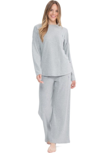 17085 Kadın Gri Melanj Uzun Kollu Yuvarlak Yaka Pijama Takım