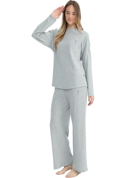 17085 Kadın Gri Melanj Uzun Kollu Yuvarlak Yaka Pijama Takım fiyatları