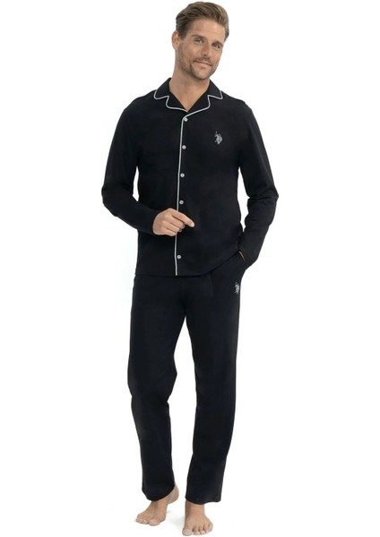 12039 Erkek Siyah Uzun Kollu Önden Düğmeli Gömlek Pijama Takım