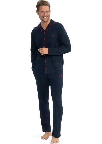 12039 Erkek Lacivert Uzun Kollu Önden Düğmeli Gömlek Pijama Takım