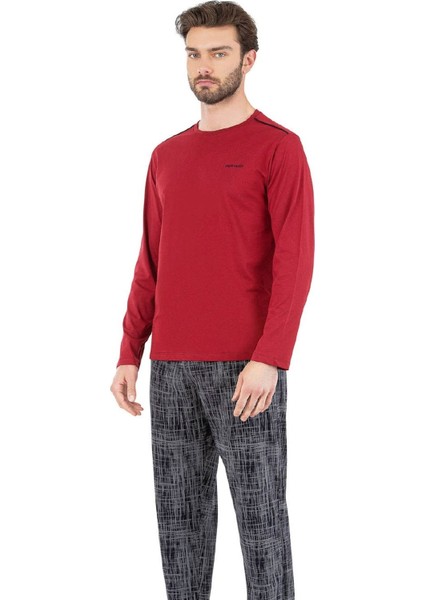6065 Erkek Bordo Uzun Kollu Yuvarlak Yakalı Pijama Takım