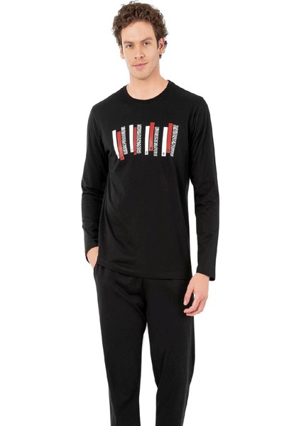 6071 Erkek Siyah Uzun Kollu Yuvarlak Yakalı Pijama Takım