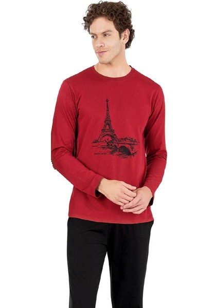 6064 Erkek Bordo Uzun Kollu Yuvarlak Yakalı Pijama Takım