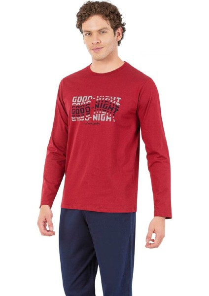 6062 Erkek Bordo Uzun Kollu Yuvarlak Yakalı Pijama Takım