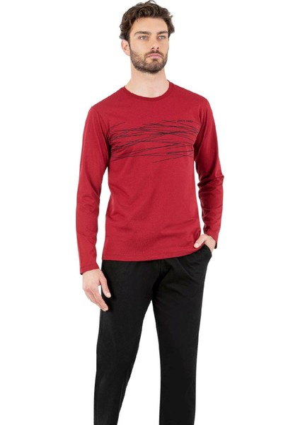 6061 Erkek Bordo Uzun Kollu Yuvarlak Yakalı Pijama Takım