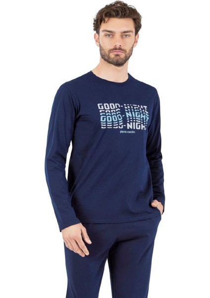 6062 Erkek Lacivert Uzun Kollu Yuvarlak Yakalı Pijama Takım