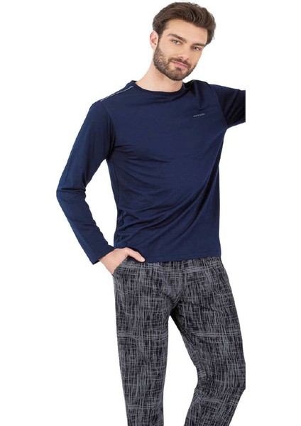 6065 Erkek Lacivert Uzun Kollu Yuvarlak Yakalı Pijama Takım